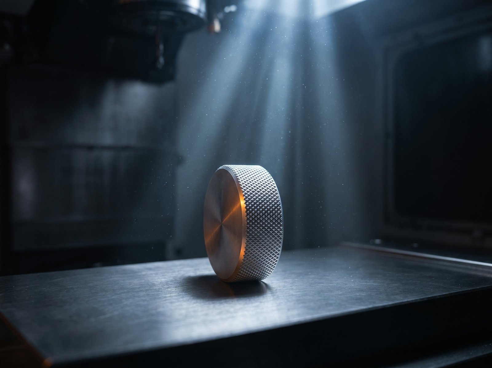 A knurled aluminium dial standing under a shaft of cold light